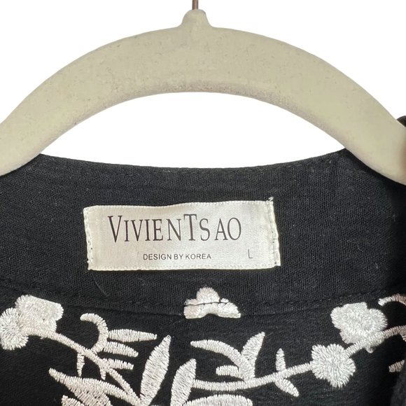 Vivien Tsao By Korea Black Floral Embroidered Midi Dress V-Neck Tie Waist Size L - Picture 4 of 4